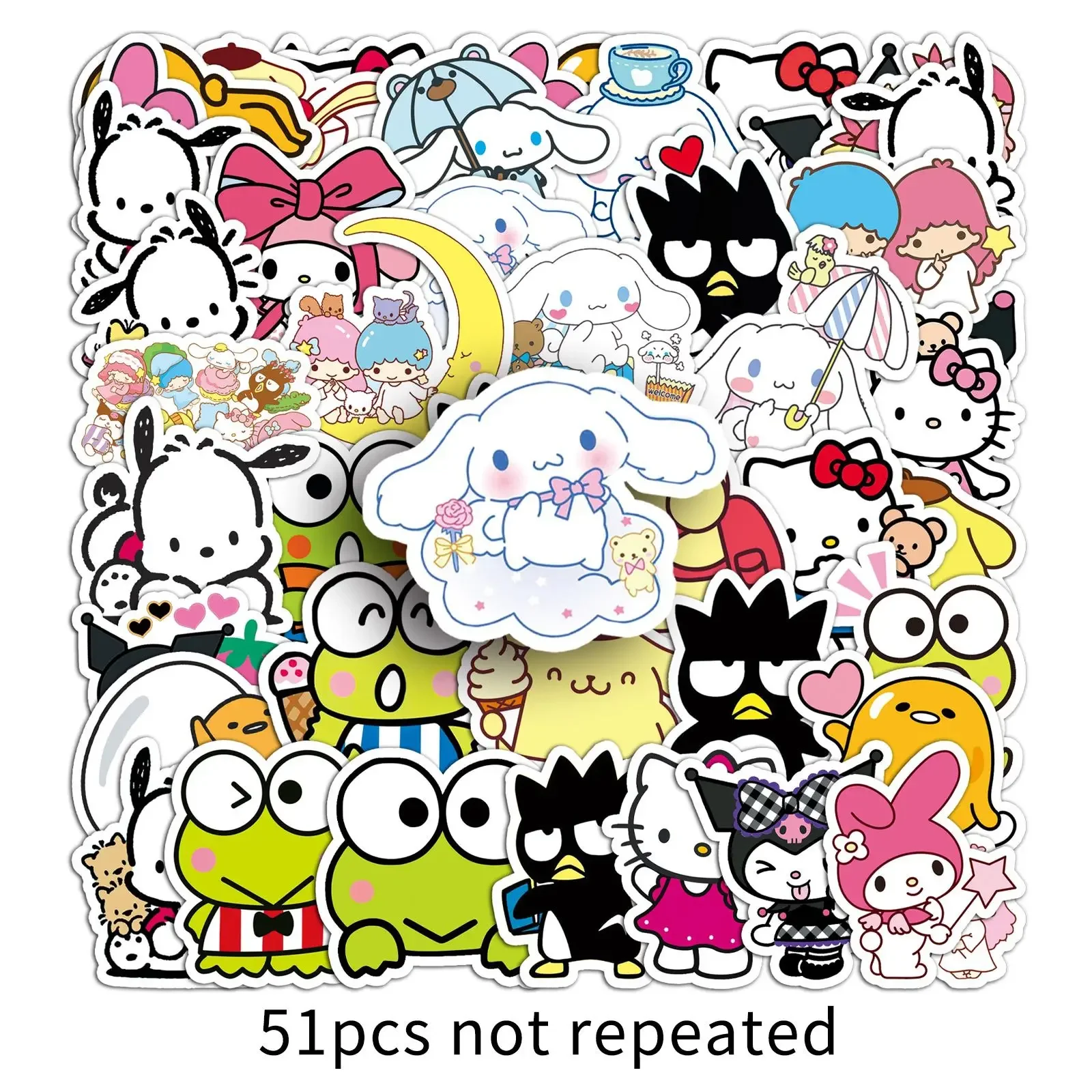 2024 New Variety 50pcs Sanrio Family Cute Hello Kitty Kuromi Cinnamoroll Melody Children's DIY Bright Film Waterproof Sticker