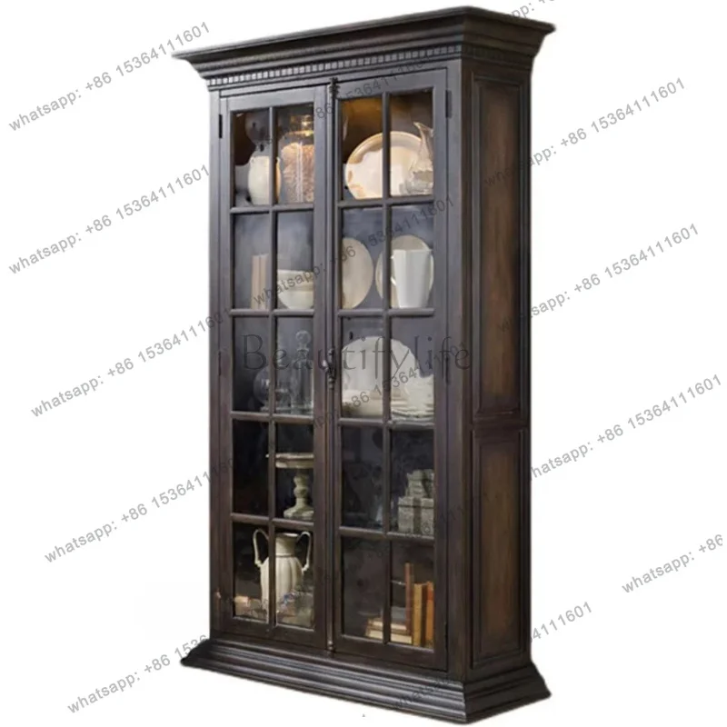 American rural solid wood old double door bookcase heaven and earth lock locker simple French retro