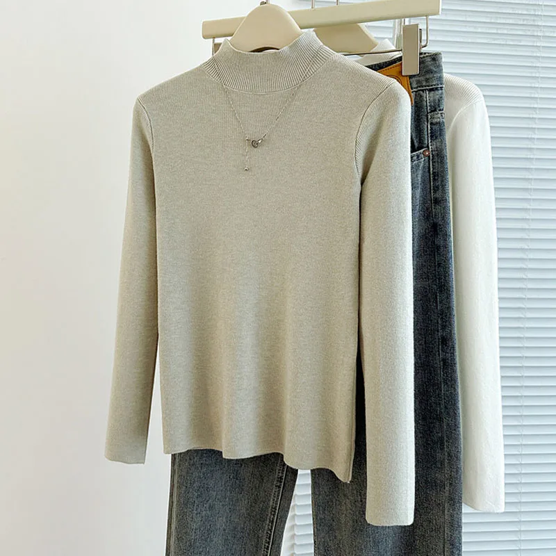 

Knitwears Knitted Sweater Women Pullovers Long Sleeve Knit Sweater Pullover Women Tops New Fashion White Mock Neck Sweaters Q819