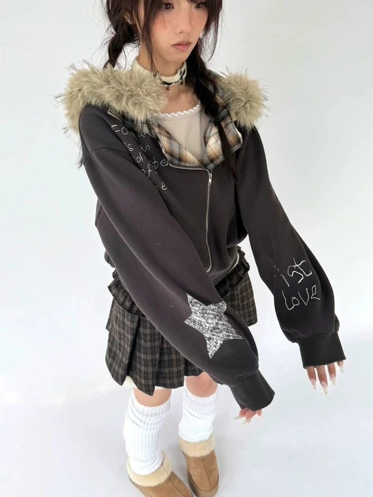 Bluzy z kapturem na zamek Deeptown z kołnierzem z imitacji futra, damskie, vintage, z grafiką liter, w stylu punkowym, moda koreańska, bluzy z kapturem, grunge, dopasowane, codzienne