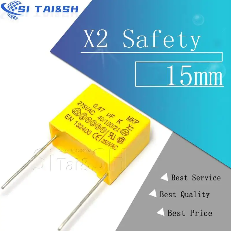 10pcs X2 Safety capacitor 15mm 275VAC 275V 0.022UF 0.047UF 0.1UF 0.15UF 0.22UF 0.33UF 0.47UF 0.68UF 1UF Polypropylene film