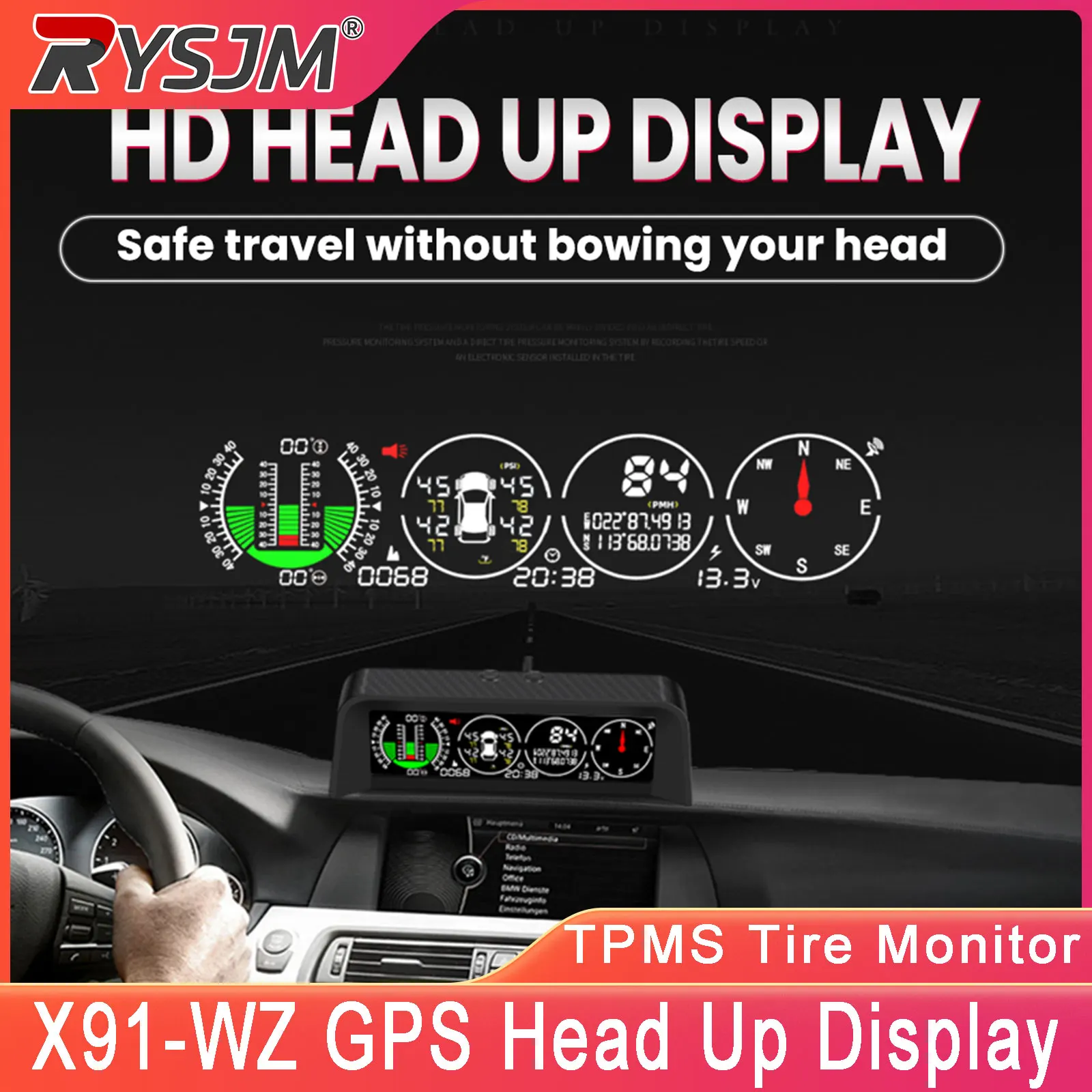 

X91-WZ GPS HUD TPMS Tire Monitor Inclinometer Gague 4 In 1 Car Compass Pitch Angle Voltage Tire Pressure Gauge With Clock