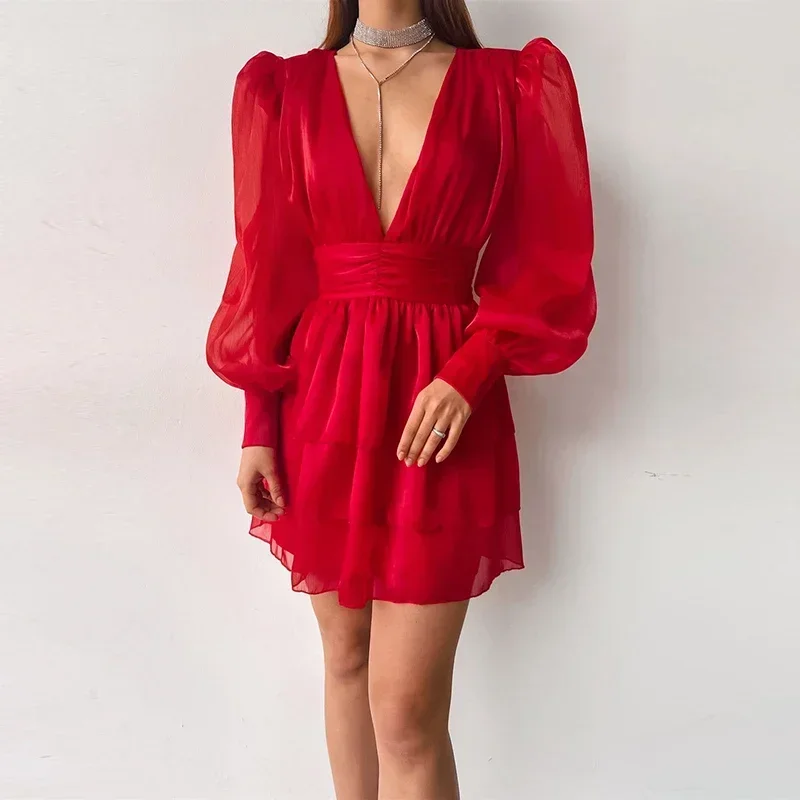 2023 Autumn Winter New Lady Bubble Sleeve Dress Women V-Neck Commuter Ruched A-Line Dress Chic Temperament Pleated Mini Dresses