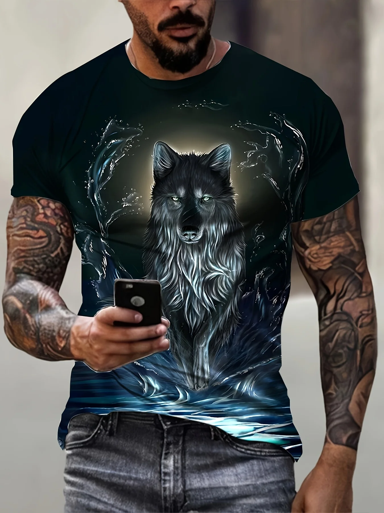 Meistverkauftes Modisches Herren-T-Shirt mit Wolfsmuster 3D-Druck Rundhals Weiche Textur Hip-Hop Outdoor Streetwear Übergröße