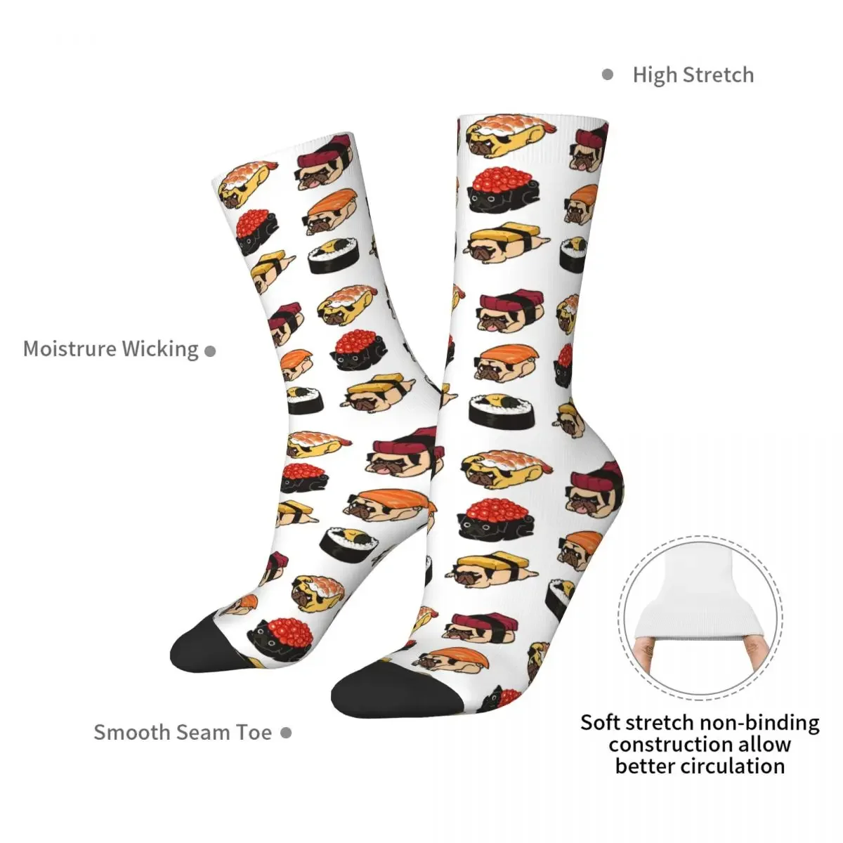 Sushi Pug Socks Harajuku Sweat Absorbing Stockings All Season Long Socks Accessories for Man's Woman's Birthday Present