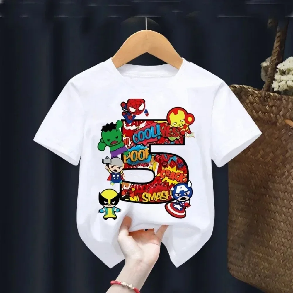 Marvel Spiderman Cotton Children T Shirt Boy 3 4 5 6 7 8 9 Birthday Numble Girl Tees Super Hero Birthday Party Gift Kid Clothes