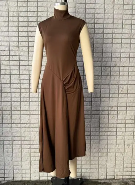 

Womens Dress 2025 Autumn New Solid Color Fashionable Sleeveless High Neck Pleated Casual Dress Commuting Slim Fit Elegant Dress