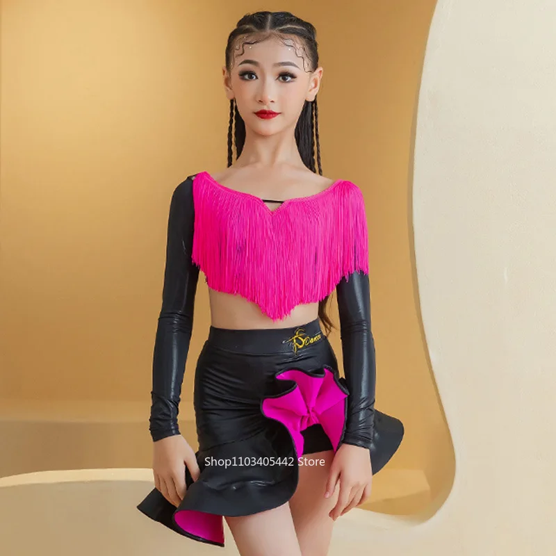 new-girls-latin-dance-costume-rose-pink-tassel-tops-long-sleeves-glossy-performance-suit-kids-latin-competition-dress-bl13635