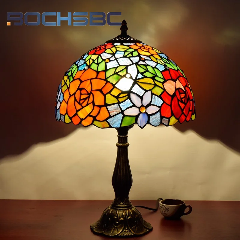 BOCHSBC Tiffany stained glass desk lamp pastoral style rose art Deco living room study bar hotel bedroom bedside reading lamp