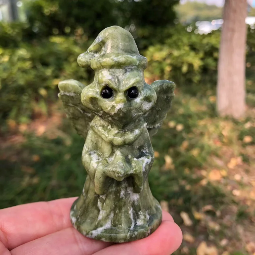 Natural Xiuyan Jade Grinch Angel Raw Stone Hand Carved Statue Reiki Healing Crystal Home Decor Christmas Gift