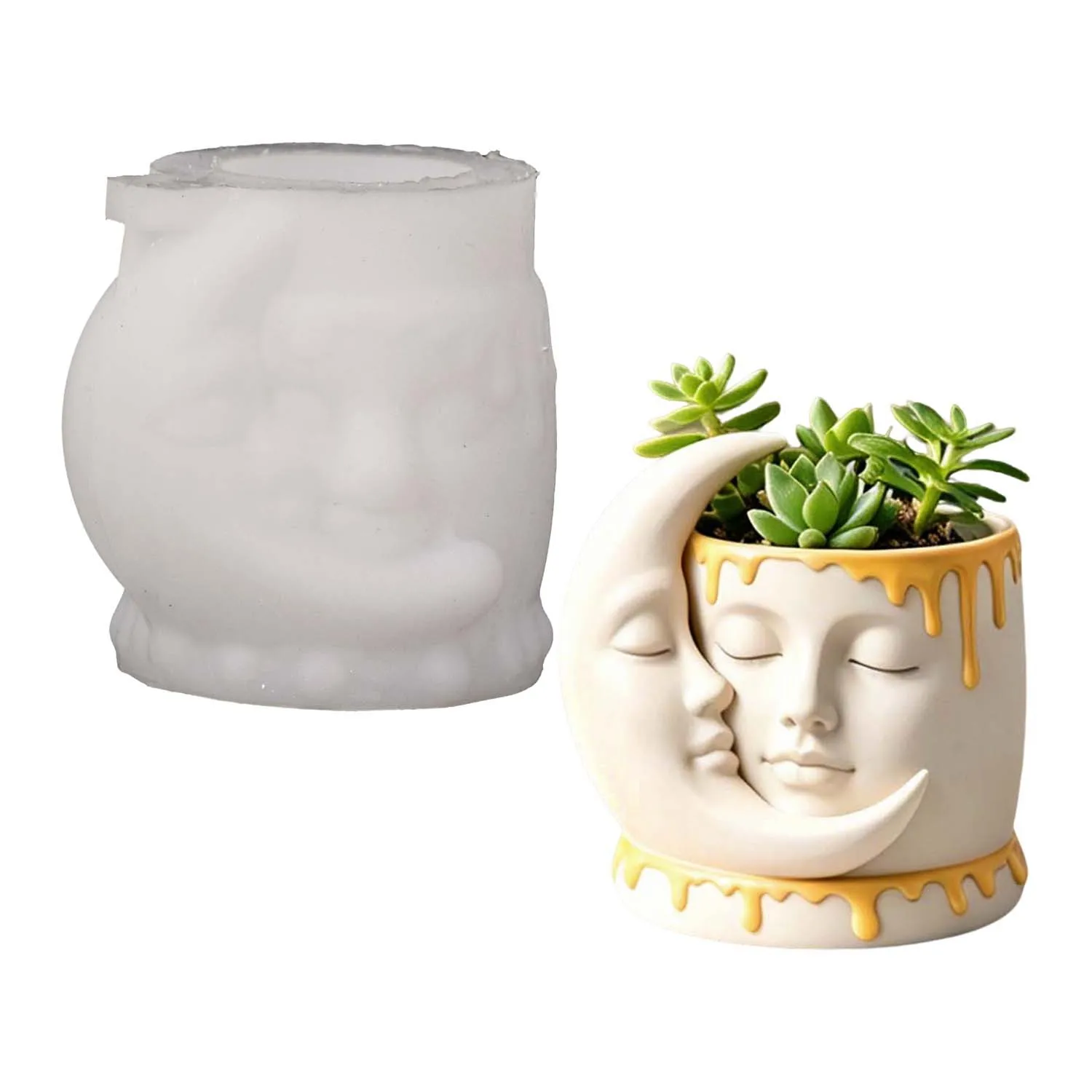 Moule en silicone pour bougies en forme de visage et de lune, pot à succulentes en résine, porte-stylo et récipient de rangement (1 ou 2 pièces)