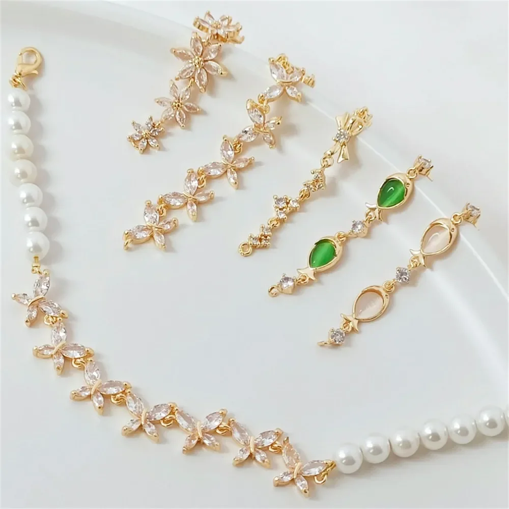 

Zirconium-inlaid Bow, Six-leaf Flower, Small Heart Bow, Cat's Eye, Little Fish Link, Double Hanging Diy Jewelry