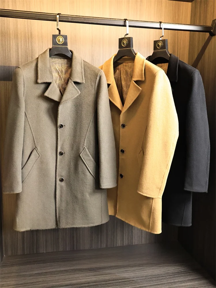 

Handmade Woolen Long Coat Double-Faced Autumn Men Winter Pure Color Faionable Warm Collar Lapel Men's Coat Outerwear
