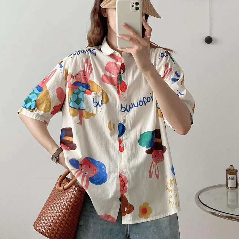 Summer Women Clothre Casual Sweet Cartoon Rabbit Printed Tops Loose Turn Down Collar Short-sleeved Kawaii Shirts And Blouse U386