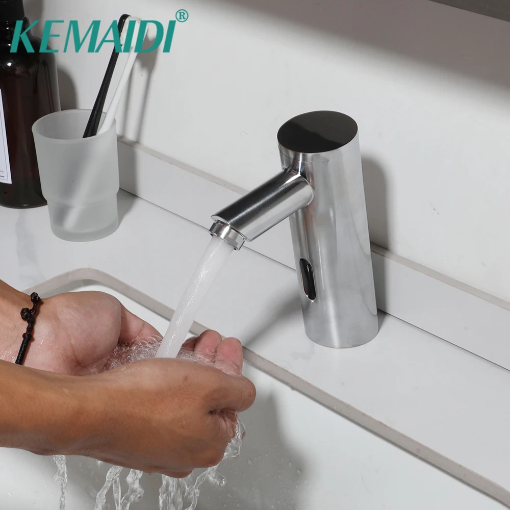 KEMAIDI Bathroom Sink Faucet Brushed Nickel Automatic Inductive Dual Hole Faucet Control Box and Temperature Mixer Deck Mounted