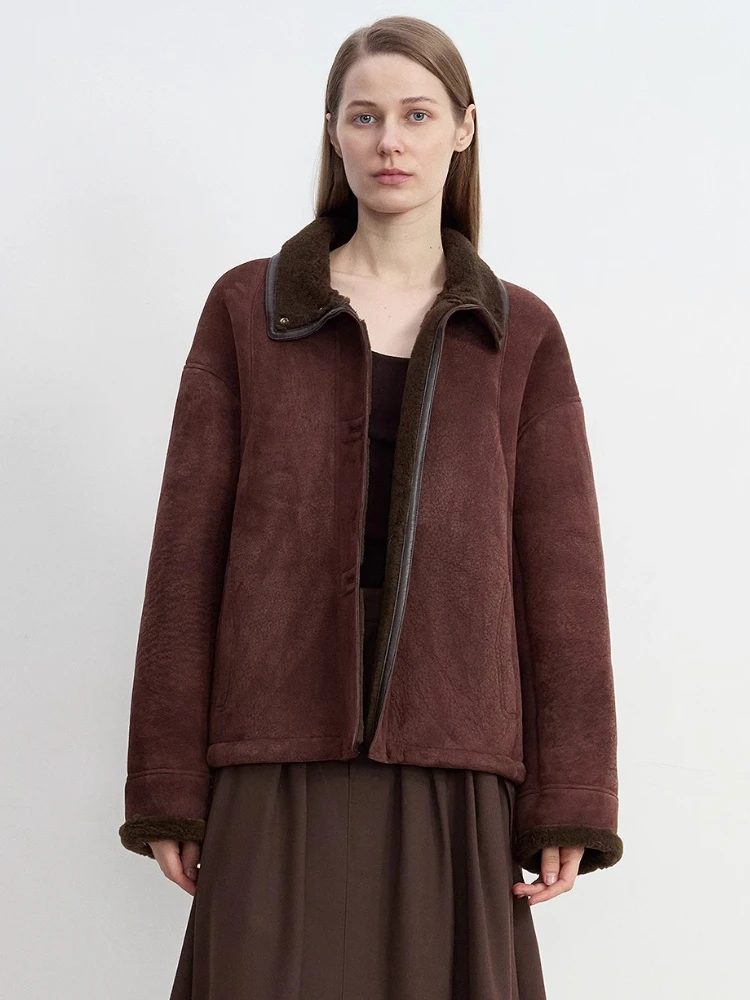 High-end Luxury Merinoแกะขนสัตว์ฤดูหนาวSuedeแจ็คเก็ตผู้หญิง 2025 ใหม่VINTAGEสั้นของแท้หนังReal Lamb FUR Coat