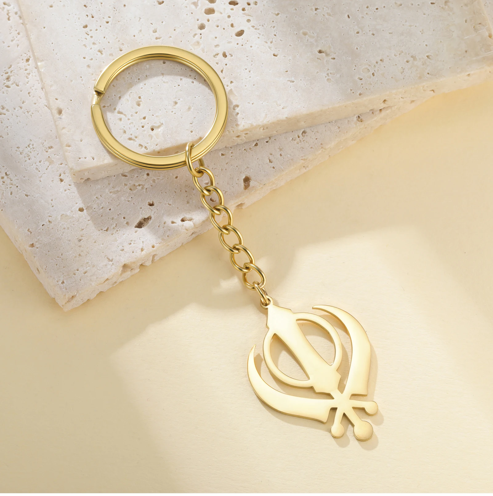 CoolTime 2026 Neuer Khanda Sikh-Symbol Schlüsselanhänger Edelstahl Goldfarben Religiöser Schmuck Amulett Schlüsselring Geschenk für Sikhs – Detail 8