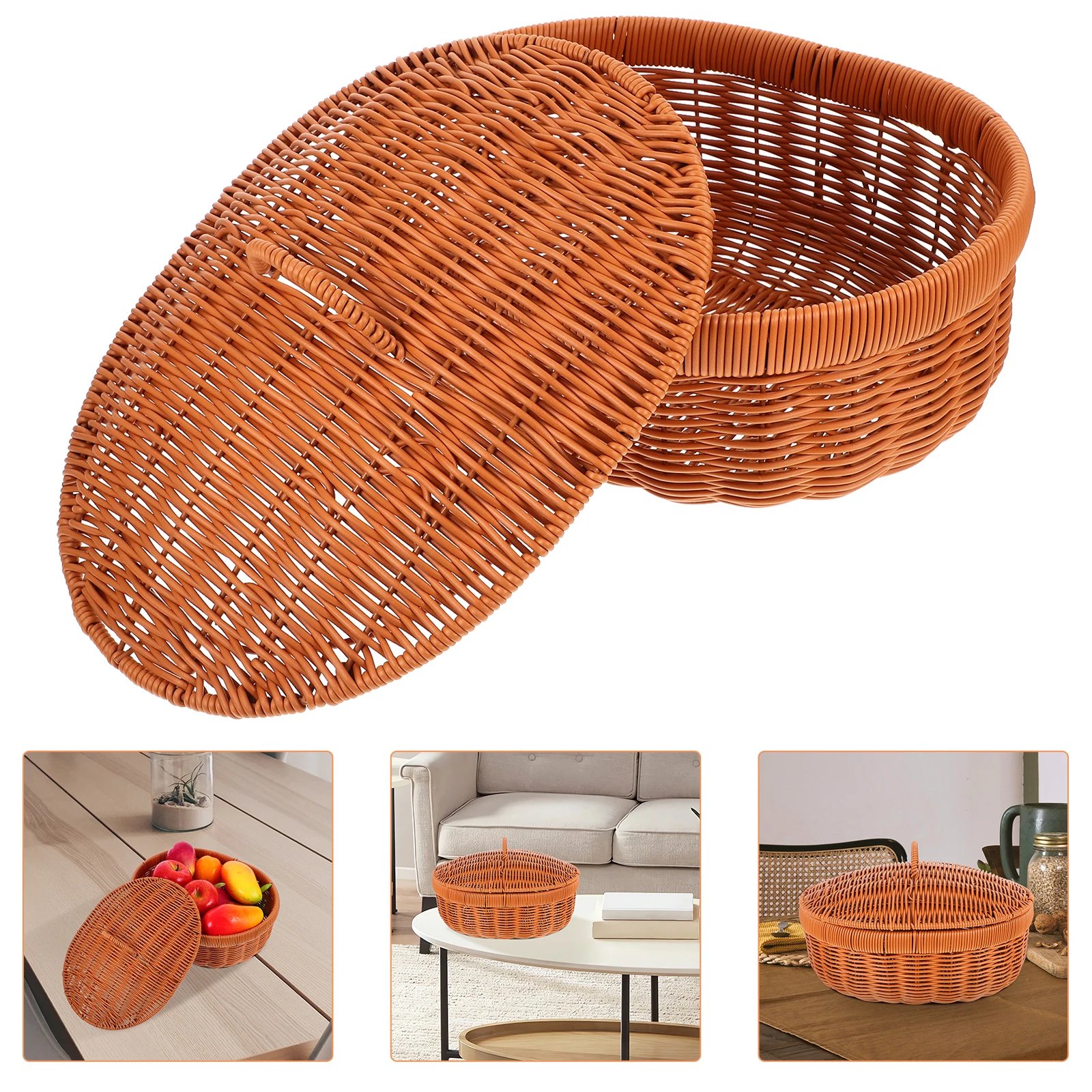 

1pcs Woven With Lid Plastic Storage Basket For Kitchen Bread Fruit Snacks Organizer Household Food Basket Multi-Use Sundries