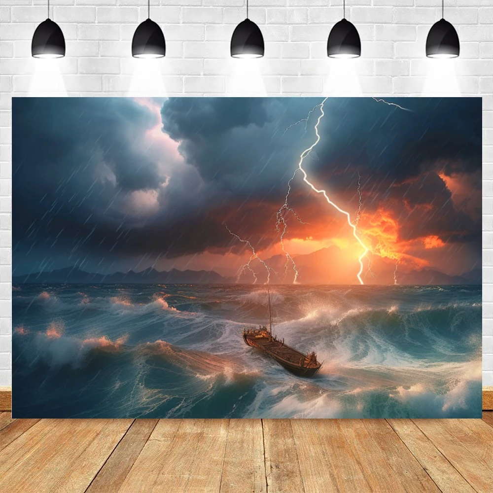 Sea Rainstorm Scene Backdrop Ocean Storm Lightning Birthday Party Travel Portrait Holiday Adventure Photography Background Decor