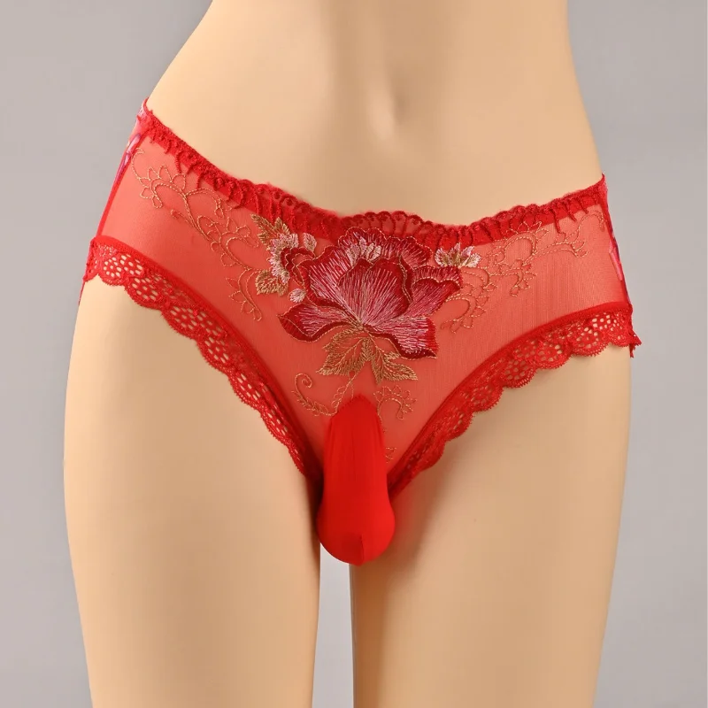 Sissy Panties For Men Lace Flowers Embroidery Briefs Breathable Perspective Underwear Gay Cross-Dresser Egg-Wrapped Underpants