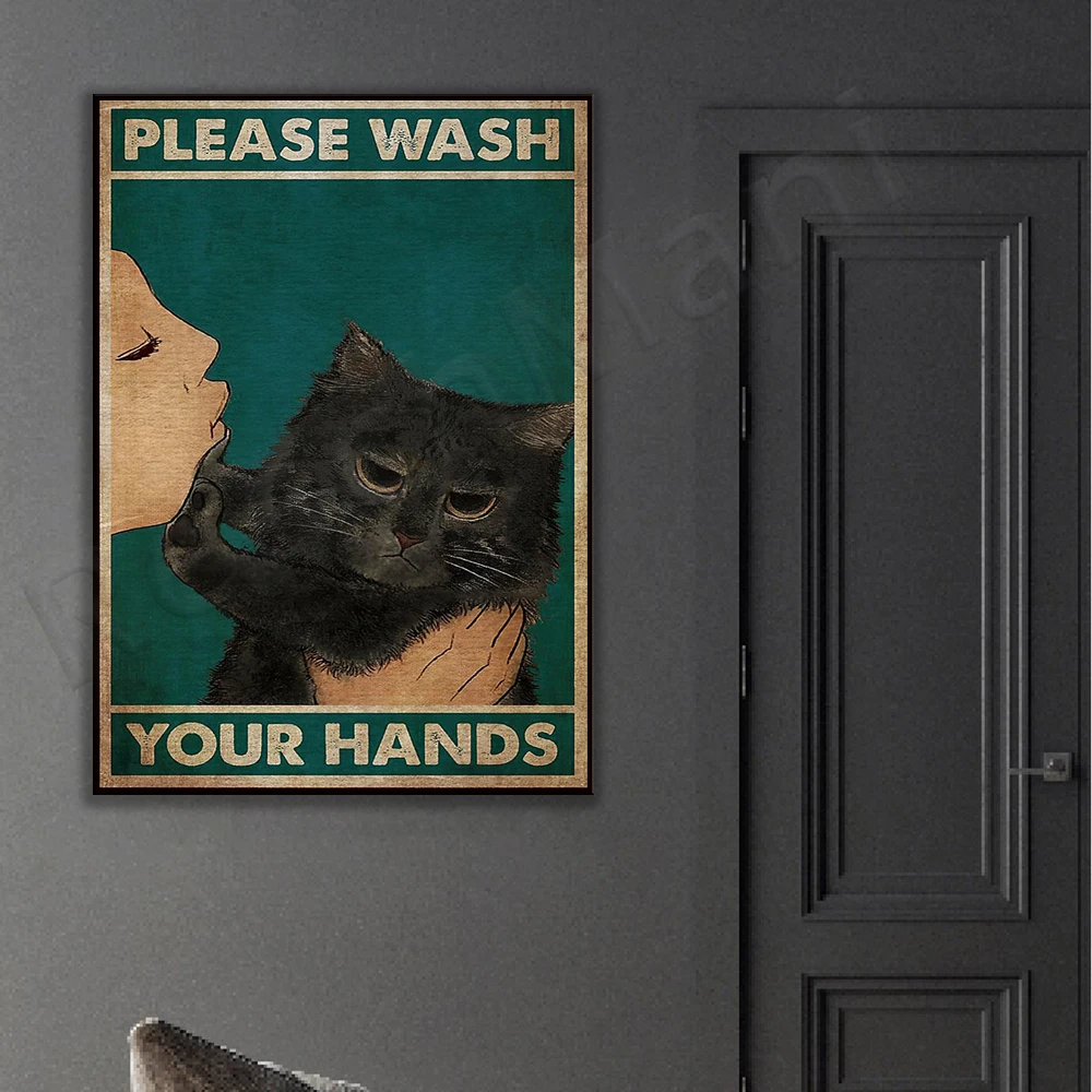 الميمات القطط السوداء يرجى غسل يديك جدار الفن تزيين الملصقات الطينية، ومطبوعات القطط، وفن القطط.