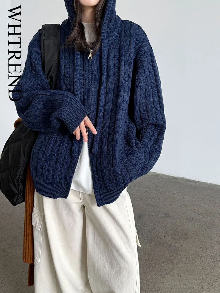 

WHTREND свитер с капюшоном и двойной молнией для женщин, осень-зима, новый вязаный кардиган WH1926