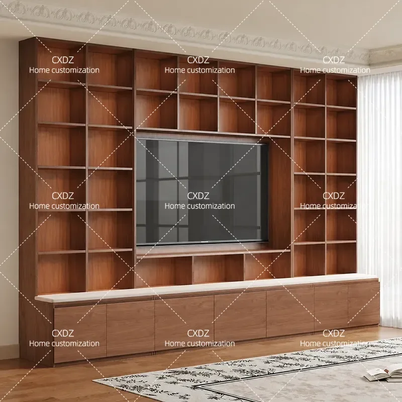 Oak Solid Wood Card Holder Bookcase TV Cabinet Integrated Whole Wall Antique Living Room Custom Bookshelf TV Wall 810