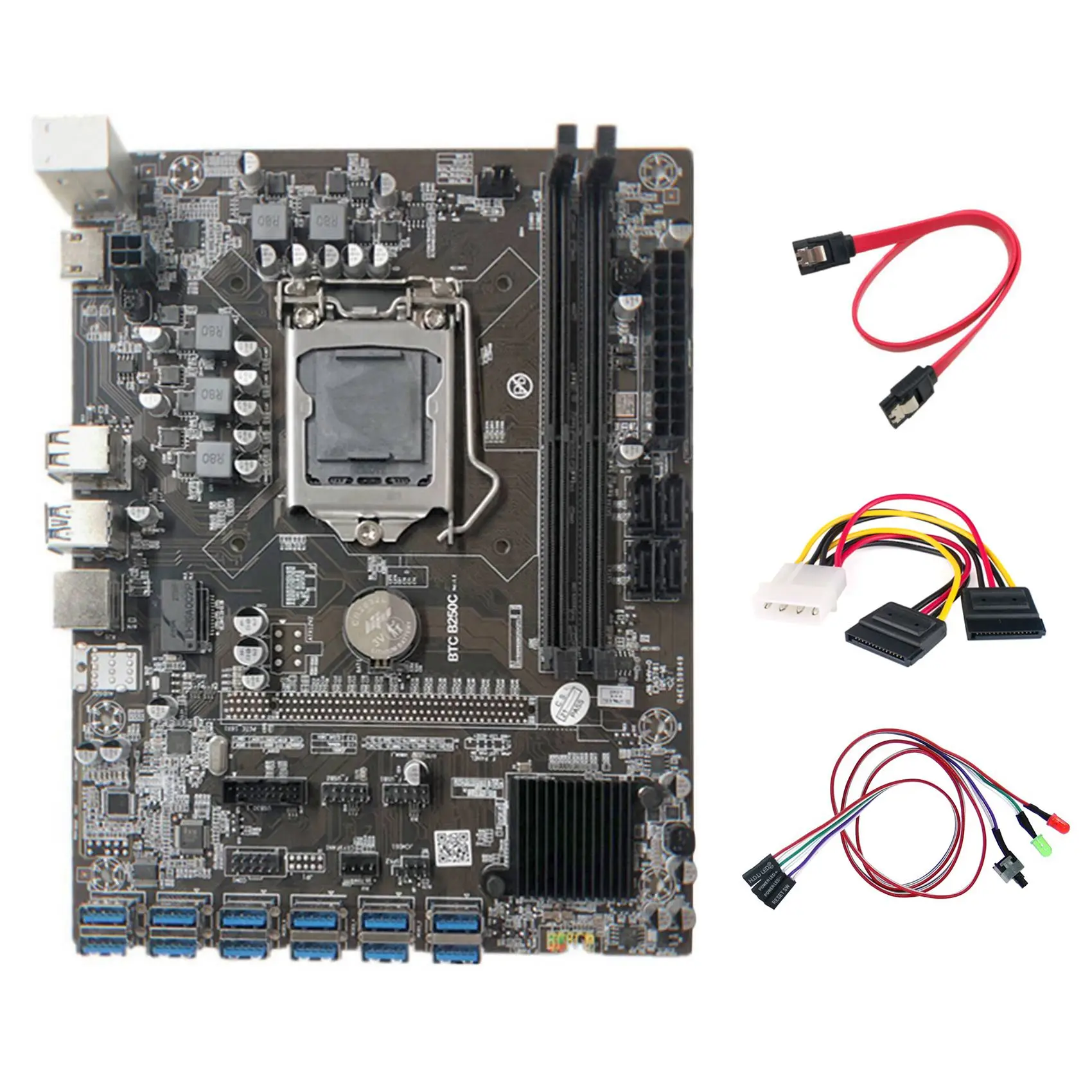 

B250C Miner Motherboard+Switch Cable with Light+4PIN to SATA Cable+SATA Cable 12 PCIE to USB3.0 GPU Slot LGA1151 DDR4