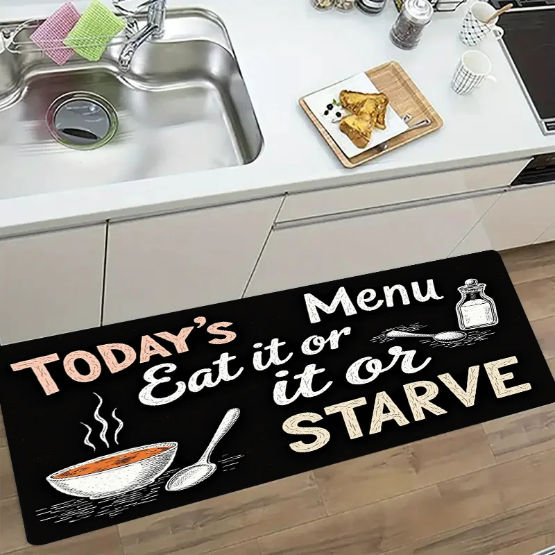 Black Chalkboard Kitchen Menu Bowl Spoon Jar Sketch Runner Rug, non-slip carpet, funny cooking mat for kitchen aisle entryway