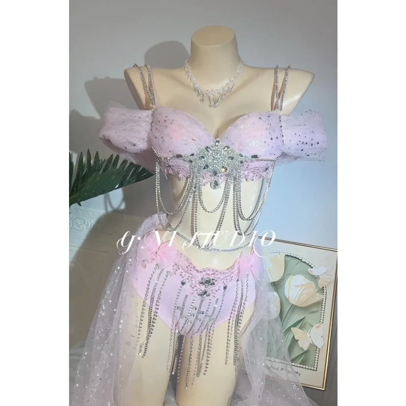 Customized Pink Corset Set for Women Bounce Di Electronic Syllable Music Festival Raven Set Belly Dancing Bra