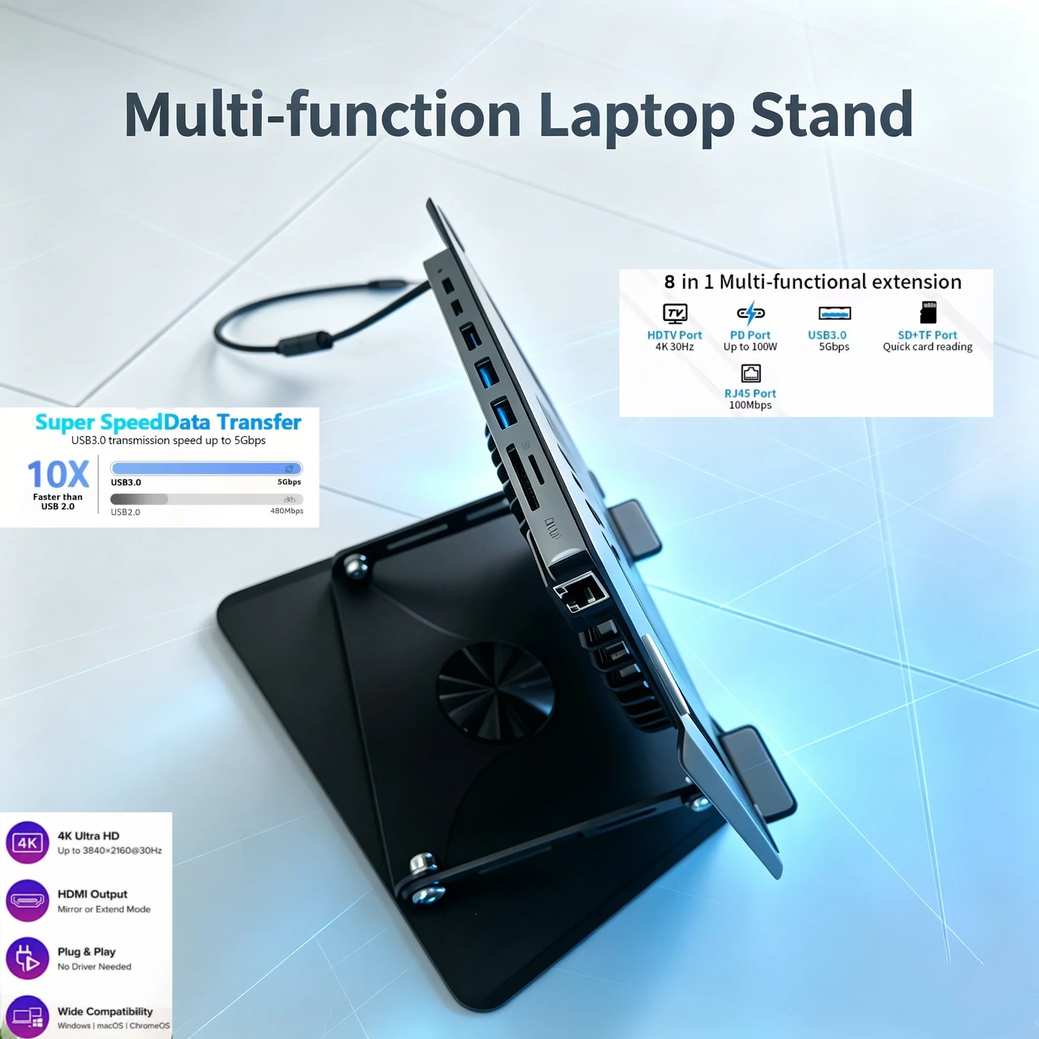 RGB Fan Laptop Cooling Stand, 360° Rotatable Foldable Laptop Riser, USB-C Docking Station with 4K HDMI, 100W PD, RJ45 SD/TF USB