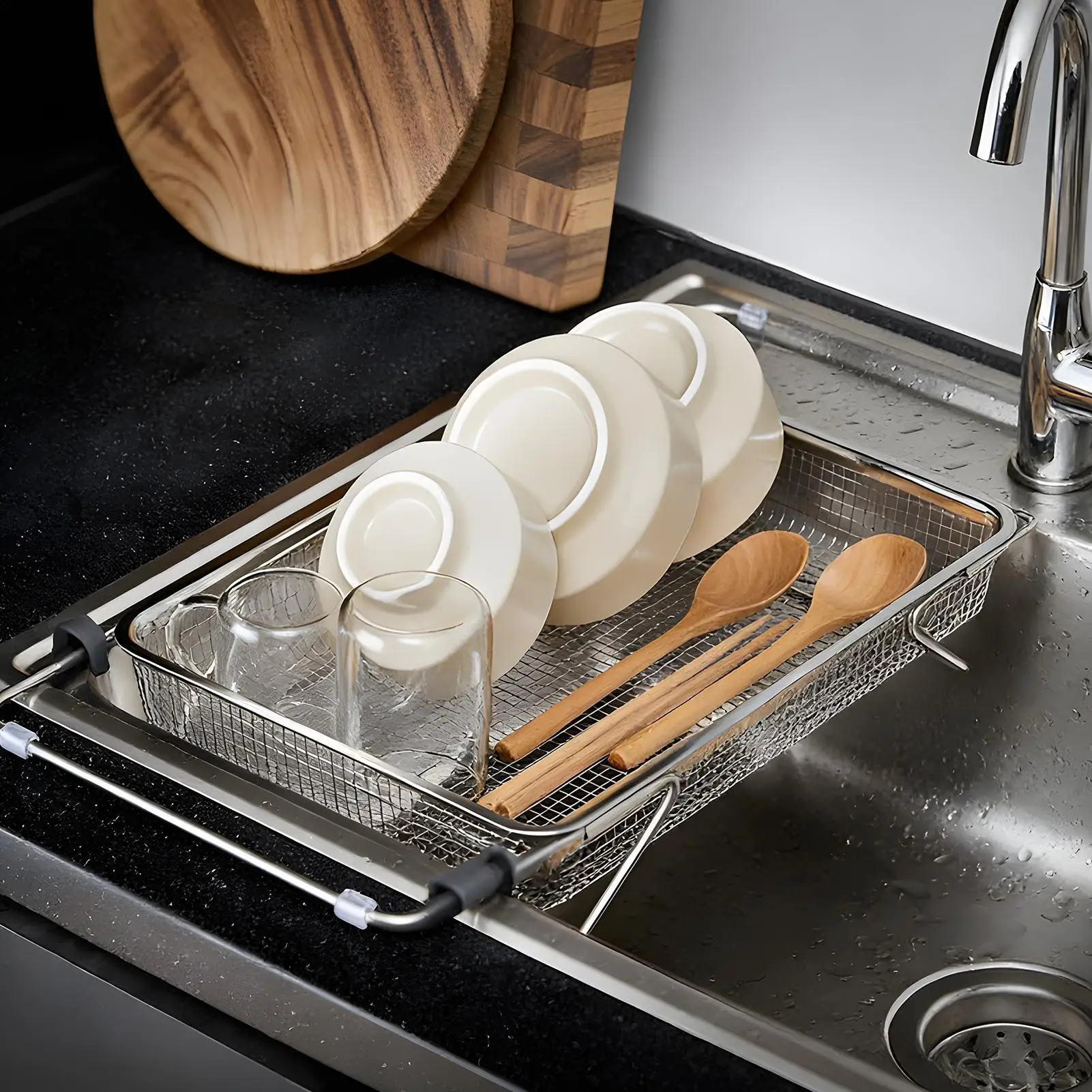 

Выдвижная сливная корзина для раковины из нержавеющей стали, многофункциональная компактная полка для раковины для сухой посуды, стеллаж для хранения фруктов и овощей