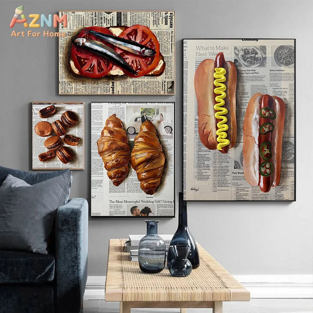 AZNM Newspaper Background Food Canvas Wall Art Croissant Bagel Ice Cream Lobster Oil Painting Retro Kitchen Dining Room Decor Un