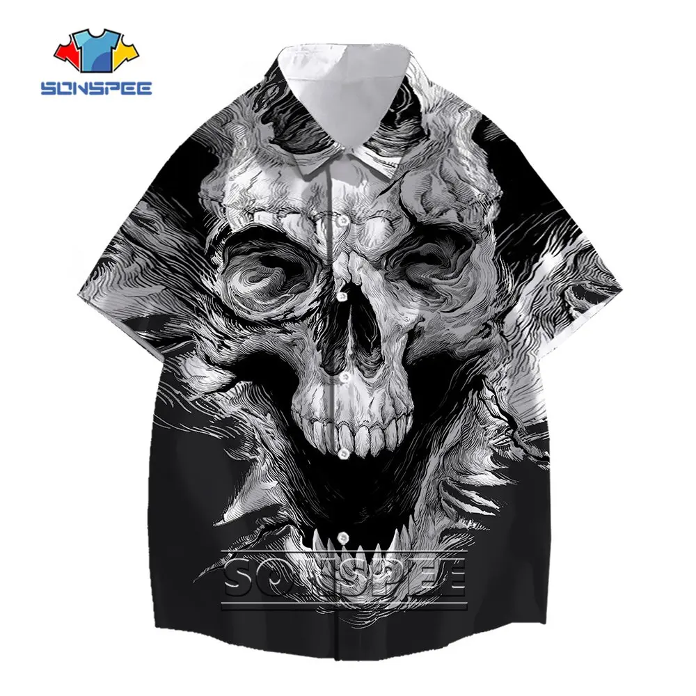 SONSPEE Black and White Image 3D Printed Horrible Skull Shirt Men Women Loose Oversized Clothing Horror Short Sleeve Men's Top