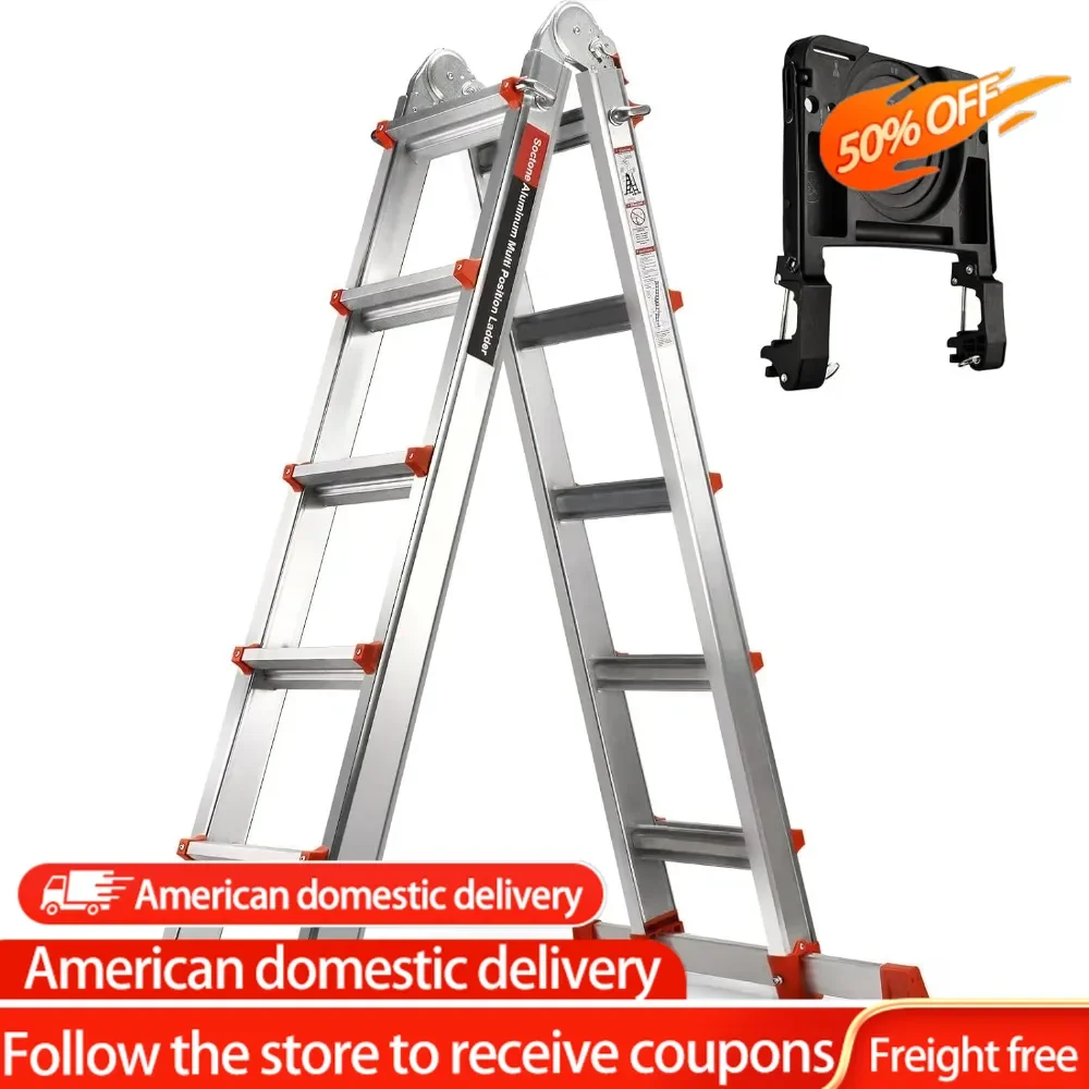 Ladder, A Frame 5 Step Aluminum Ladder Extension Ladder, 17 Ft Muti Position Ladder & Removable Tool Tray with Stabilizer Bar,