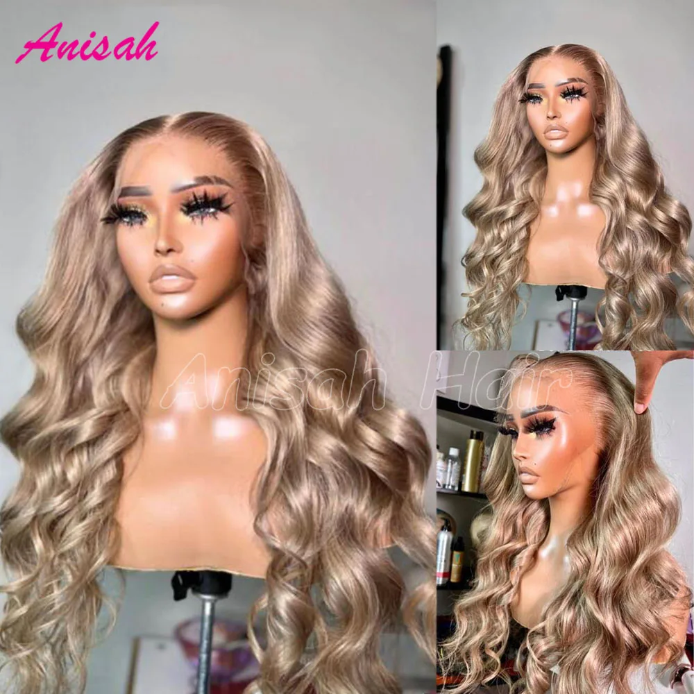 

Glueless Ombre Ash Blonde Lace Front Wigs Wavy Colored Remy Hair Wig Dark Roots HD Transparent Lace Frontal Human Hair Wig