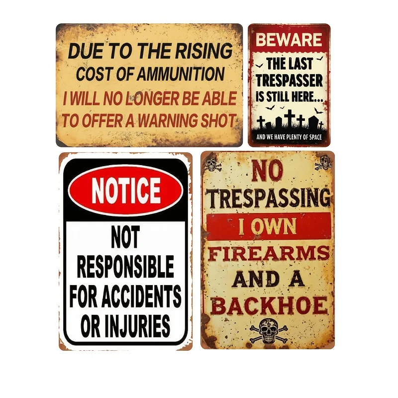 4pcs Funny No Trespassing Warning Vintage Metal Signs, Backyard Farmhouse Rustic Wall Decor Set Retro Beware Property Warning