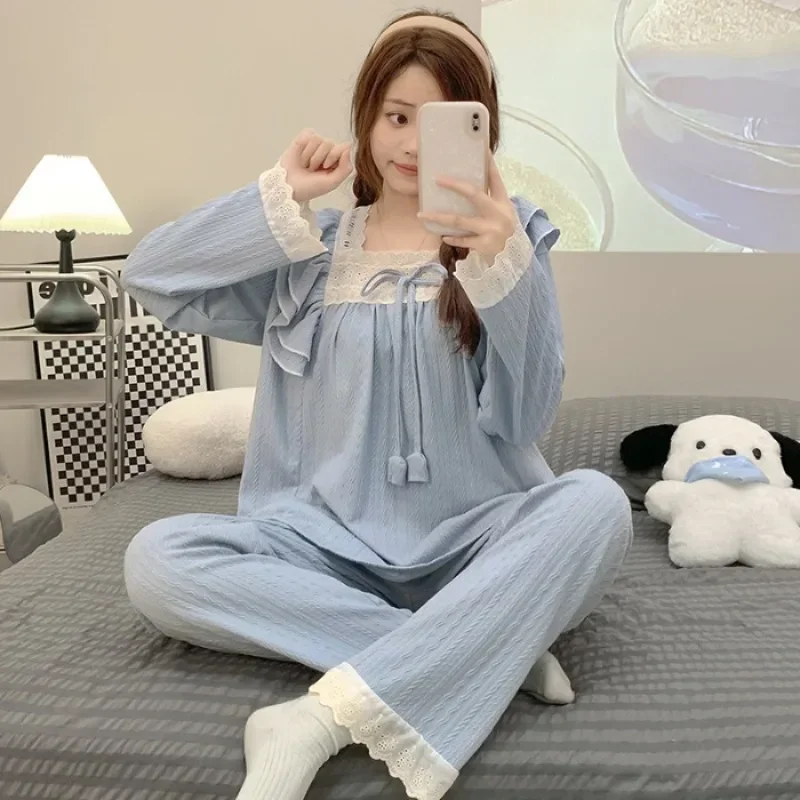 

110kg Large Size Women Spring Pajama Set Korean Sweet Lace Cotton Solid Long Sleeve Homewear Loose Outdoor Wear Two-piece Suit