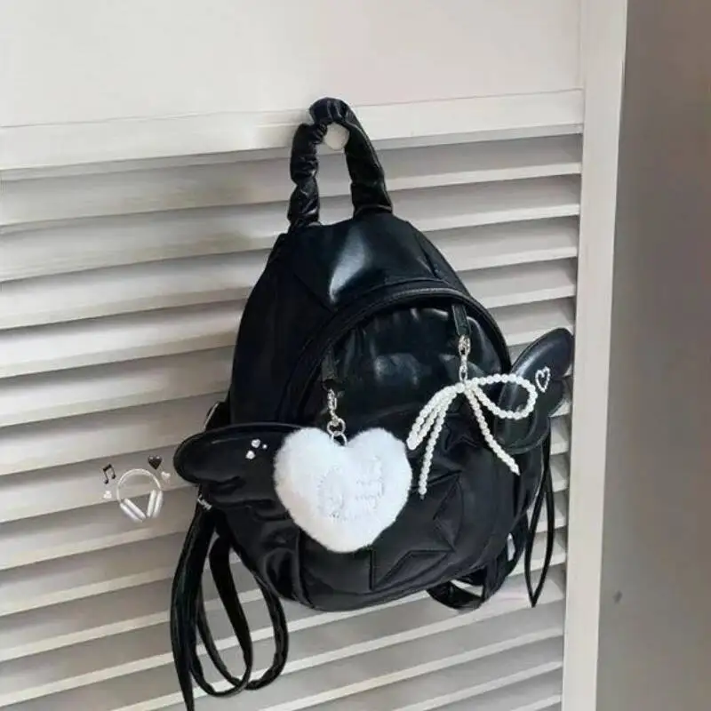 Streetwear Casual Travel Bags For Women Star Wings Design Ins Schoolbags Y2k Aesthetic Vintage Quilted Padded Backpacks