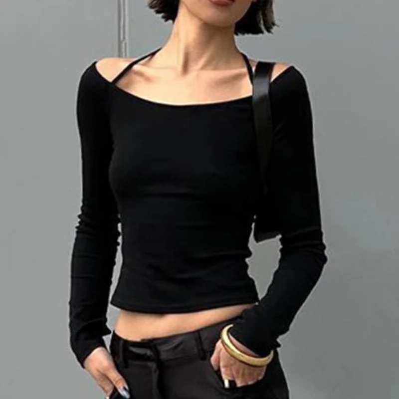 

Y2K Осенняя облегающая тянущаяся черная ретро-одежда с длинным рукавом и открытыми плечами с вырезом лодочкой для девушек с длинными рукавами базовая одежда