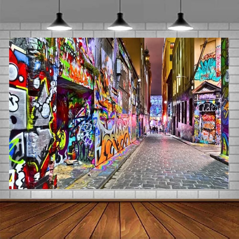 Urban Graffiti Photography Backdrop Street Cartoon Graffiti Wall Retro 80'S 90'S Fashion Hip Hop Style Background Party Decor