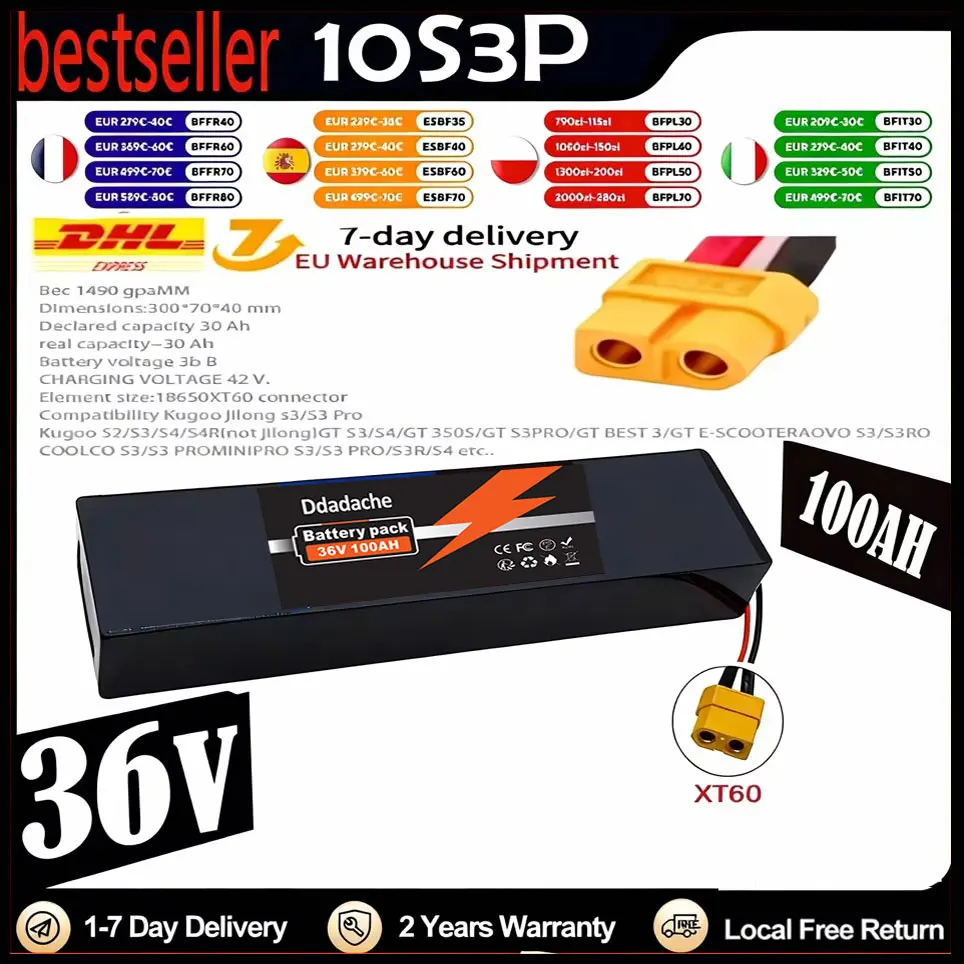 Batterie au lithium rechargeable 36V 100Ah, pack de batteries 18650 10S3P 1000W, batterie de scooter électrique 36V modifiée avec BMS, XT60 JST