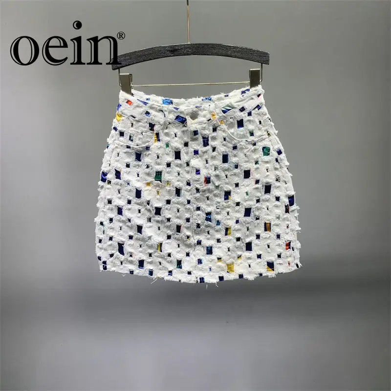 

[oein] 2023 Summer New Design Feel Broken Denim Women's Fashion High Waist Slim A-line Wrapped Hip Short Skirt