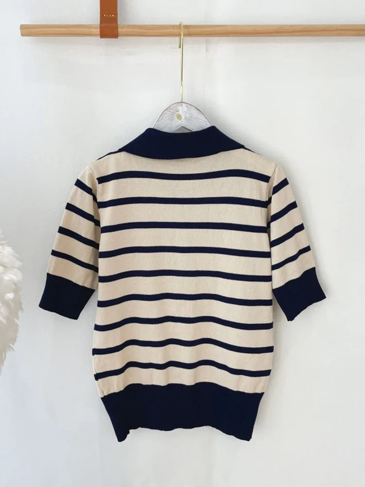 Korean Fashion Women Tops Striped Button Turn-Down Collar Knitted Sweater Short Sleeve Ice Silk Pullover Female Sueters De Mujer