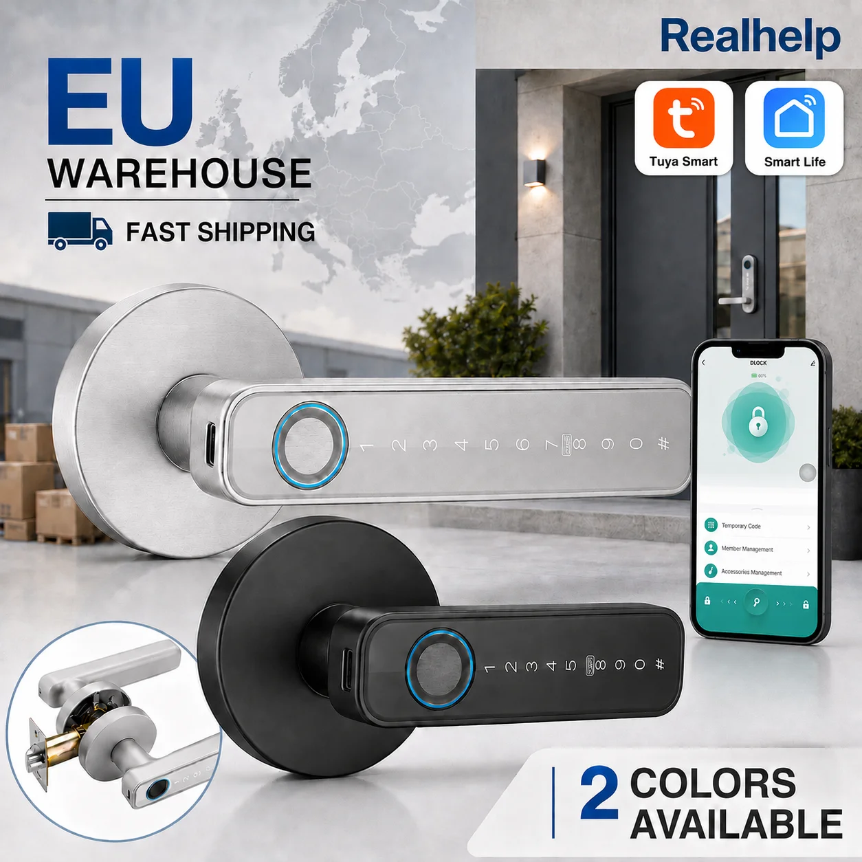 Image of Intelligentes Türgriffschloss mit Tuya-App, Fingerabdruck, PIN, RFID-Karte, mechanischem Schlüssel und temporärem Code für Zuhause, Wohnung, Büro