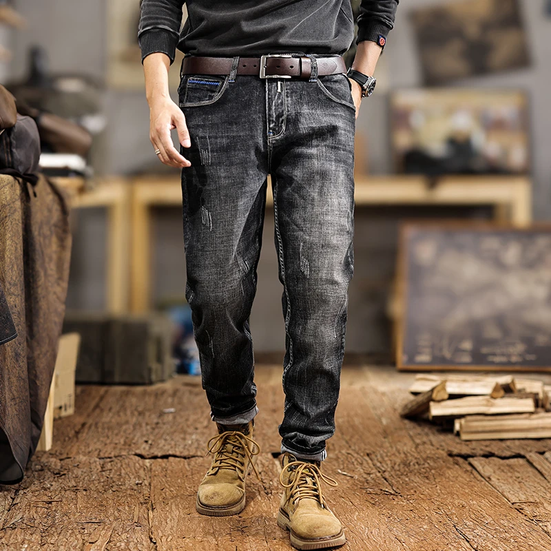 جينز دينم مغسول عصرية لربيع وخريف 2025 للرجال سروال أمريكي عتيق غير رسمي بقصة ضيقة قابل للتمدد