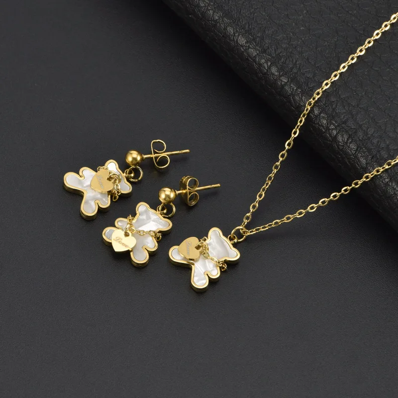 White Shell Cute Little Bear Peach Heart Stainless Steel Jewelry Set Necklace Earrings Bracelet or women