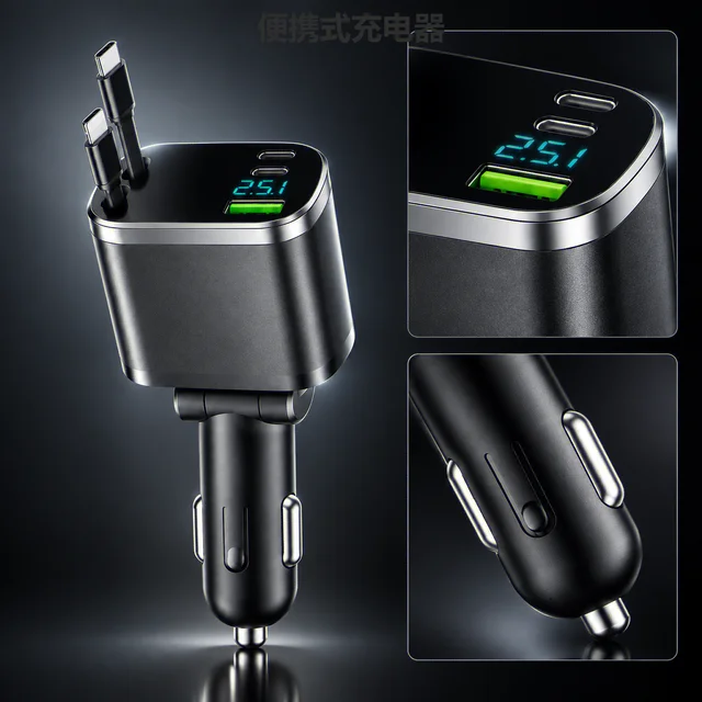 Digital display car charger with retractable cable car PD carcharging 6 Digital display car charger with retractable cable car PD carcharging 6