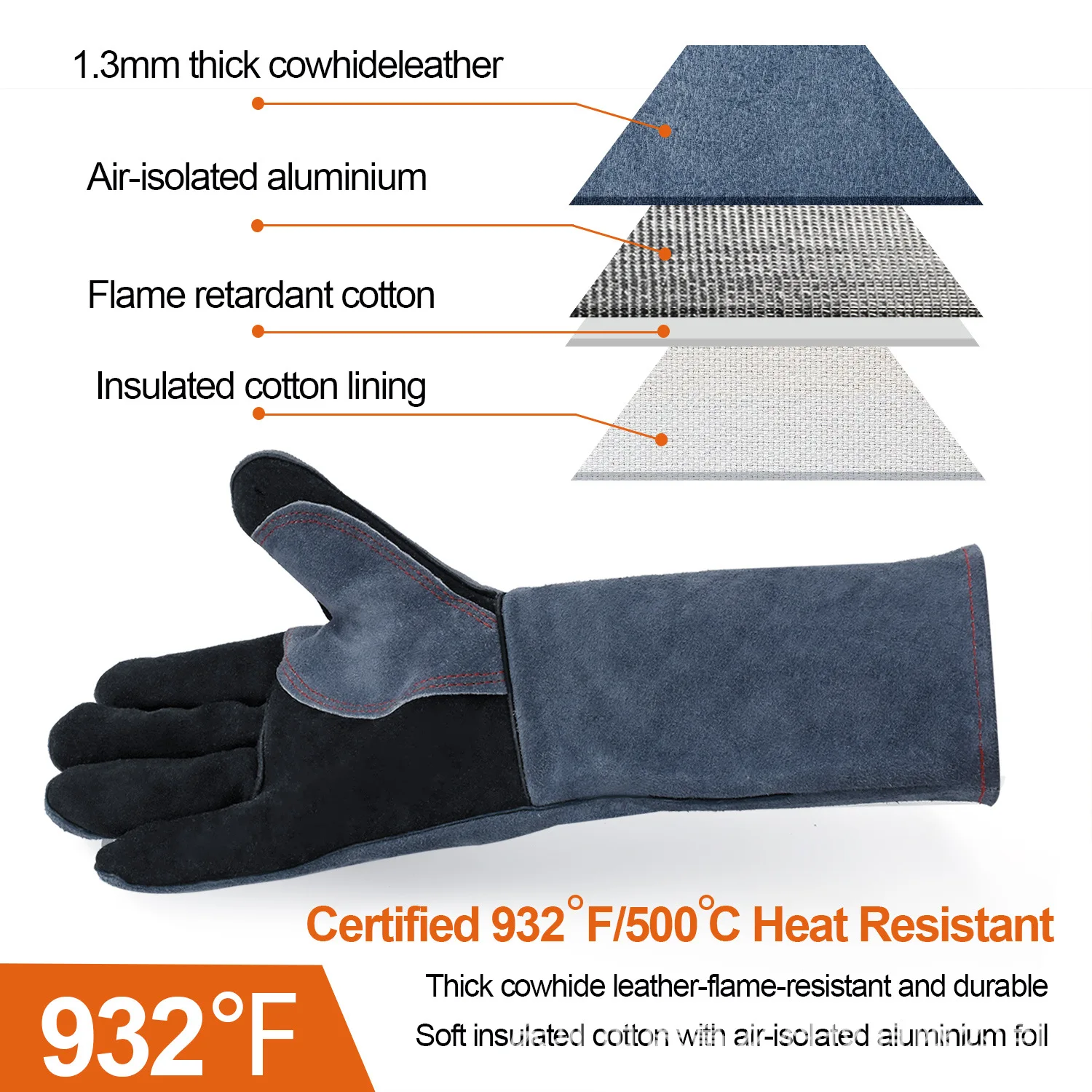 Long Sleeve Leather Welding Gloves, Fire & Heat Resistant High Temperature Proof Protective Work Gloves