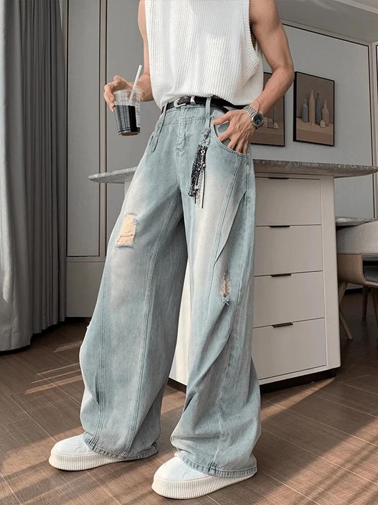 Cleanfit Light Blue Ripped Denim Jeans Men Summer Thin American High Street Knife  Loose Straight Tube Breathable Jeans
